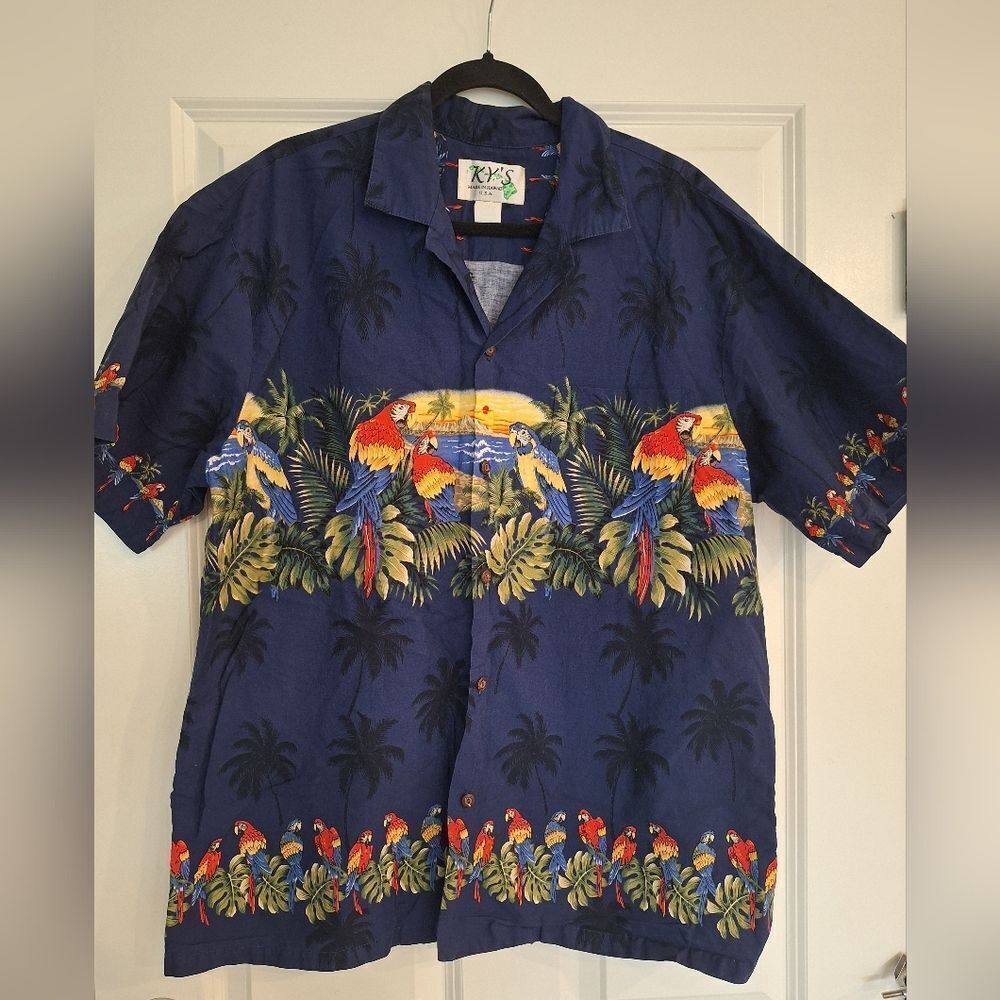 KY’S Hawaiian Shirt parros Men’s Size XL Blue Cotton Made In Hawaii USA